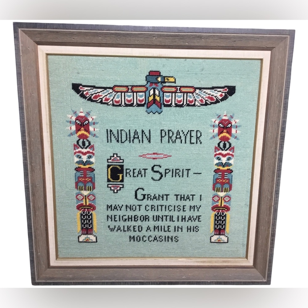 Vintage Framed Cross-stitch of an Indian Prayer